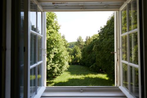 een open raam met uitzicht op een tuin bij Schloss Mörlbach in Mörlbach