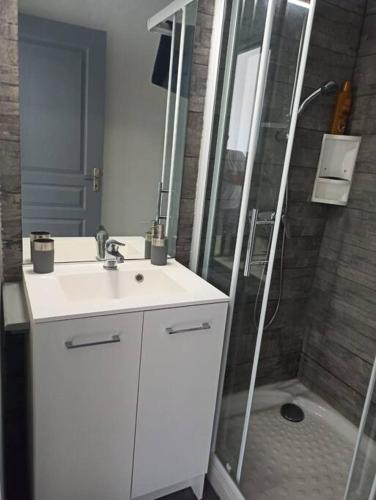 une salle de bain avec un lavabo blanc et une douche dans l'établissement Superbe Appt avec cour et parking gratuit à 5min de la cité médiévale, à Carcassonne