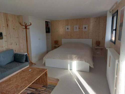 Un dormitorio pequeño con una cama y un sofá. en Studio Chez Suzanne, en Saint-Jorioz