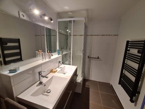 een badkamer met een wastafel en een douche bij Les Balcons de l'Eterlou in Les Deux Alpes