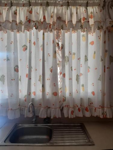 a kitchen with a sink and a curtain with fruit on it at Casa La Ruta Pisco in Pisco