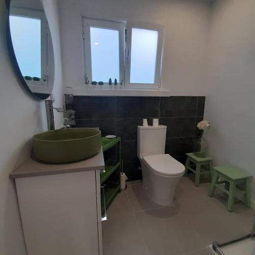 een badkamer met een groene wastafel en een toilet bij Casa da Esquina - Sintra in Sintra
