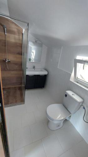 a white bathroom with a toilet and a sink at Apartament MeliMe in Roman