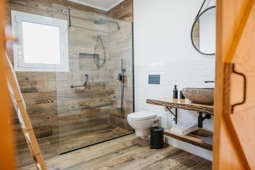 a bathroom with a shower and a toilet and a sink at Forno House - Ameixoeira in Vila Praia de Âncora