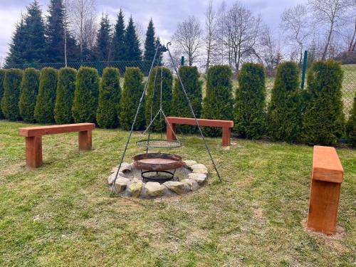 a park with a swing and a fire pit at Domek na Cedrowej in Bierna