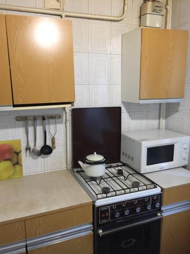 a kitchen with a stove and a microwave at Квартира 2-кімнатна Бюджетна центр парк-10хв WI-FI in Ternopil