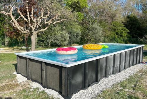 a pool of water with two inflatable objects in it at Gîte l'Ouvèze in Roaix