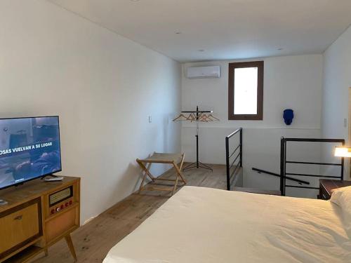 um quarto com uma cama e uma televisão de ecrã plano em Departamento Casco Historico para 2 p em Carmen de Patagones