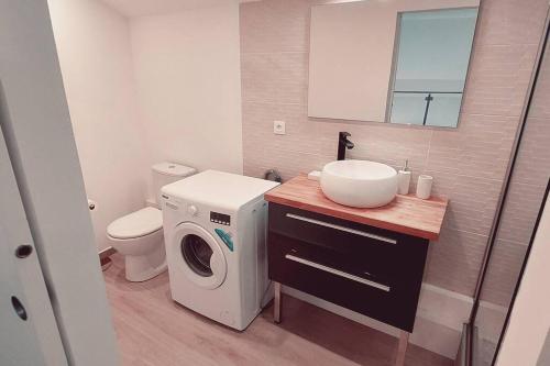 a bathroom with a washing machine and a sink at Duplex moderne vue mer des caraibes in Marigot