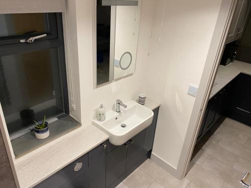 a bathroom with a sink and a mirror at Stonecroft Cwtch in Haverfordwest