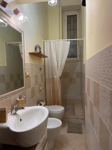 La salle de bains est pourvue d'un lavabo, de toilettes et d'une douche. dans l'établissement Romeo Apartment, à Livourne