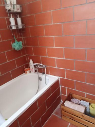 a bathroom with a tub and a red brick wall at Monte da Samarra in Avis