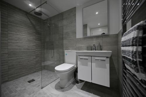 a bathroom with a toilet and a sink and a shower at The Barn in Fort William