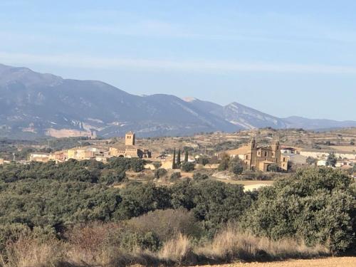 a village in the middle of a field with mountains at CASA JESUS in Abiego