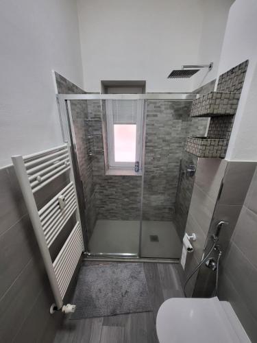 een badkamer met een douche, een toilet en een raam bij La casa di Chicco in Trieste