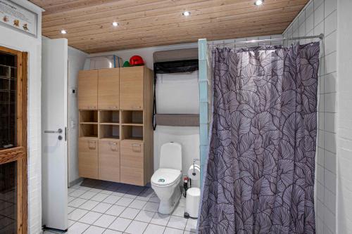 uma casa de banho com um WC e uma cortina de chuveiro em Family-friendly Holiday Home Located In Quiet Surroundings em Hadsund