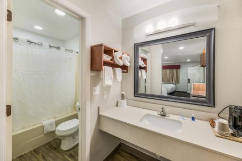 a bathroom with a sink and a toilet and a mirror at Rodeway Inn in Carlsbad