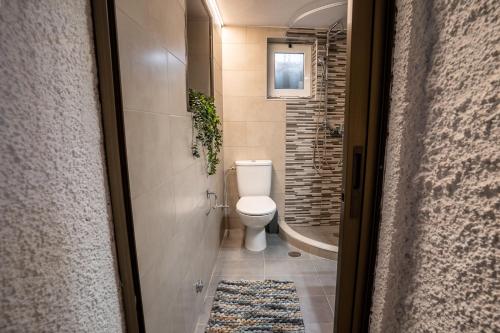a bathroom with a toilet and a bath tub at Sea & Mountain Serenity in Plátsa
