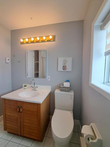 a bathroom with a toilet and a sink and a mirror at Habitations Zenith in Sainte-Anne-de-Beaupré
