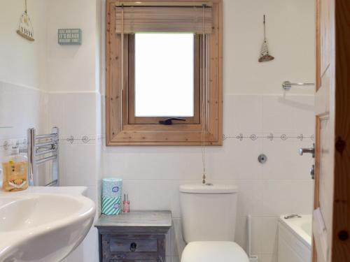 a bathroom with a toilet and a sink and a window at Cwm Gain in Llanrian