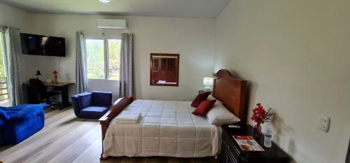 sypialnia z łóżkiem i niebieskim krzesłem w obiekcie Hotel, Cocoview Valle de angeles w mieście Valle de Ángeles