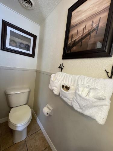 a bathroom with a toilet and towels on a wall at Mountain Harbor King Guest Room on Lake Ouachita in Mount Ida