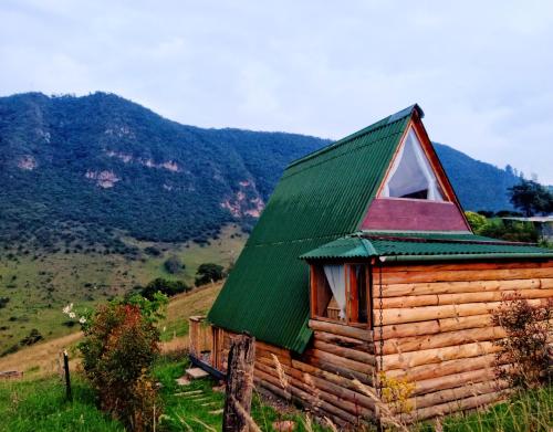 eine Holzhütte mit einem grünen Dach auf einem Hügel in der Unterkunft Cabaña en La Calera Zihita in La Calera