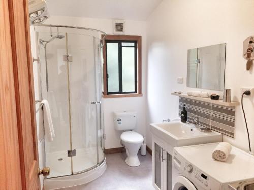 a bathroom with a shower and a toilet and a sink at Southern Forest Accommodation in Southport