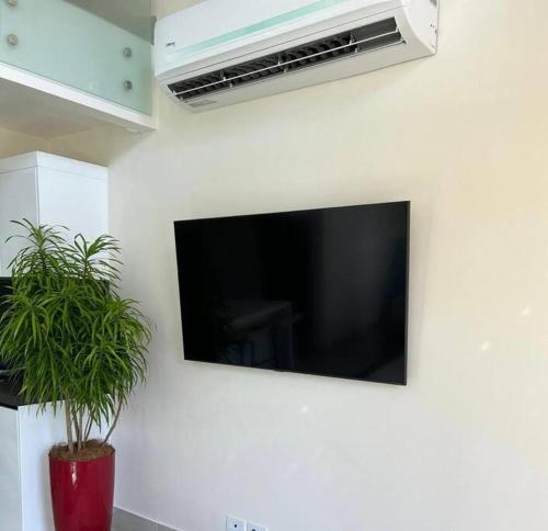 a flat screen tv on a wall with a plant at Casa Kaiman - Apartment Vista in Nosara