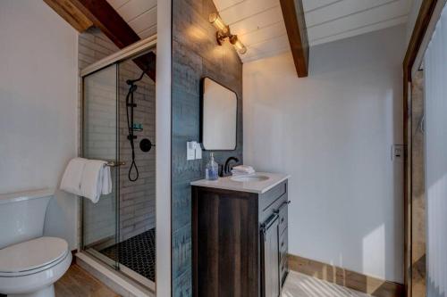 a bathroom with a toilet and a sink and a mirror at Extra Spacious 2BR Cabin w Office and Outdoor Deck in Incline Village