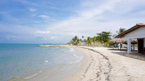 a beach with a building and the ocean at Cabaña Aire Viento Sol in Puerto Viejo