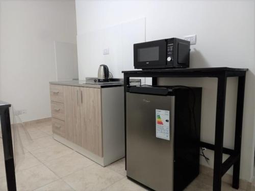 La cocina está equipada con microondas, nevera y encimera. en Moderno Apartamento Mendoza Céntrico en Mendoza