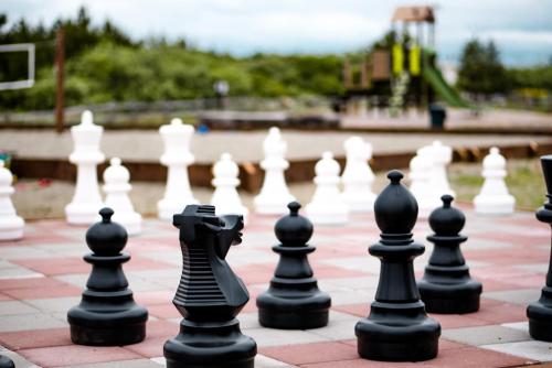 un grupo de piezas de ajedrez en un tablero de ajedrez en Herons Haven On The Canal, en Ocean Shores