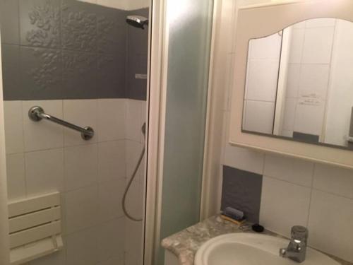 une salle de bain avec un lavabo et une douche avec un miroir dans l'établissement Vue mer, crique de Peyrefite, Cerbère-Banyuls., à Cerbère