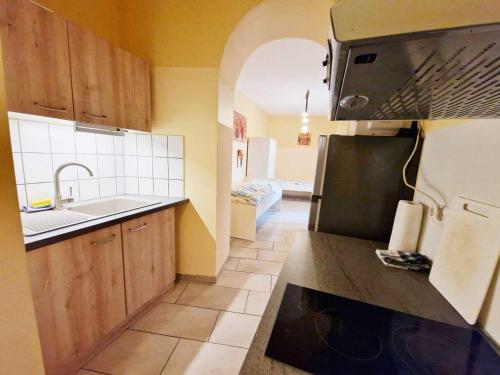 eine kleine Küche mit einer Spüle und einem Herd in der Unterkunft cozy Apartments in Mülheim in Köln