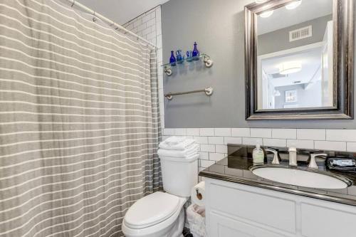a bathroom with a toilet and a sink and a mirror at 2b1b Hidden Oasis in the Hills- Close to Downtown in Austin