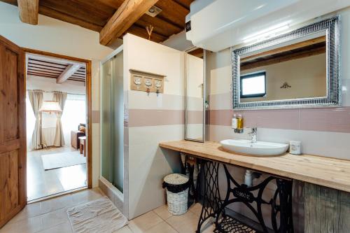 een badkamer met een wastafel en een spiegel bij Domček na Staromestskej. in Banská Štiavnica