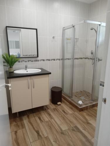 W łazience znajduje się umywalka oraz prysznic z lustrem. w obiekcie Hotel La Roussette w mieście Anse aux Pins