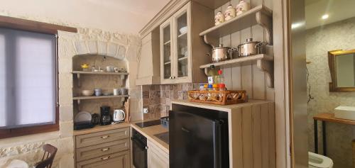 a small kitchen with a black refrigerator and shelves at Aelia Apartment III in Kamilari