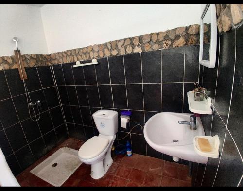 a bathroom with a white toilet and a sink at Hippie Chic House in Sidi Kaouki