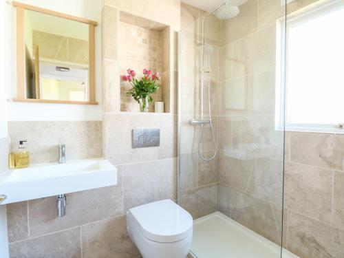 a bathroom with a shower and a toilet and a sink at Chalet 150 in Great Yarmouth