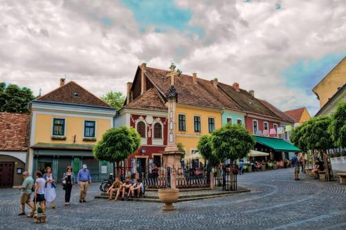 a group of people walking down a street in a town at Belvárosi allódium tetőterasszal in Szentendre