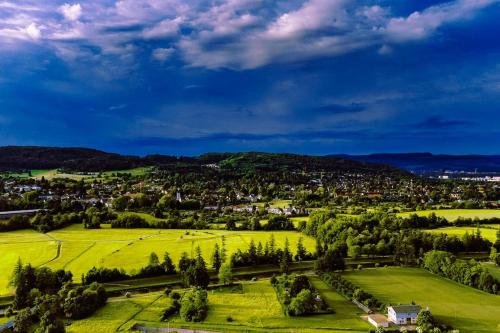 a green field with trees and a town in the distance at Panoramahaus am Schlipfweg in Weil am Rhein