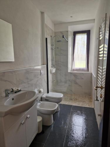 uma casa de banho com um lavatório e um WC em Agriturismo Rossello em San Quirico dʼOrcia
