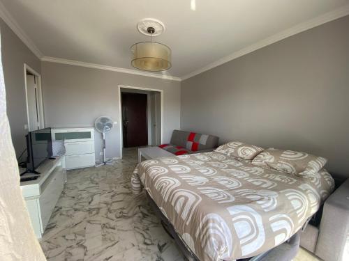 une chambre avec un lit et une télévision à écran plat dans l'établissement Stylish Modern Beach Studio, à Nice