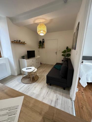 sala de estar con sofá negro y mesa en Joli appartement proche centre ville, thermes, Aquensis en Bagnères-de-Bigorre