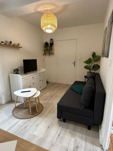 sala de estar con sofá y mesa en Joli appartement proche centre ville, thermes, Aquensis en Bagnères-de-Bigorre