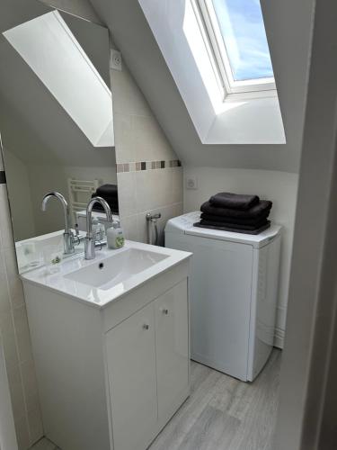 a white bathroom with a sink and a skylight at Appartement au centre ville de Sens in Sens