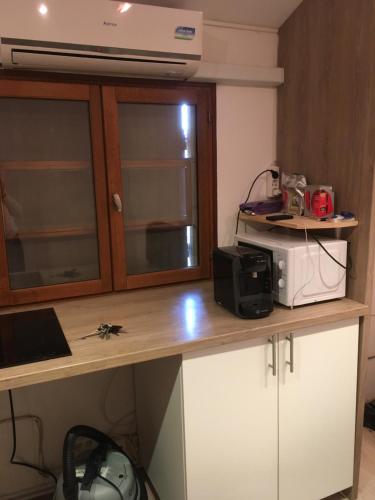 uma cozinha com um balcão e um micro-ondas em Loué petit studio maisonnette em Marselha
