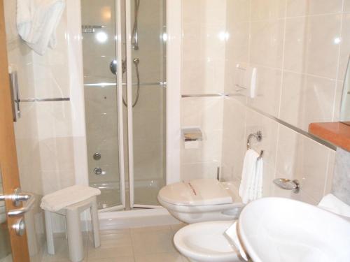 a bathroom with a shower and a toilet and a sink at Hotel Ristorante La Casona in Feltre